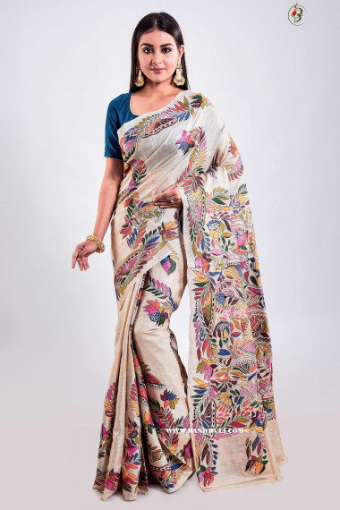 Lotus Kantha Stitch Tussar Saree